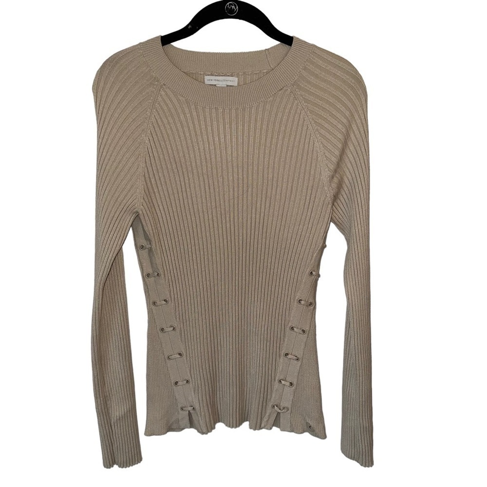 New York and Company Y2K Tan Side Tie Long Sleeve Ribbed Sweater Size Large